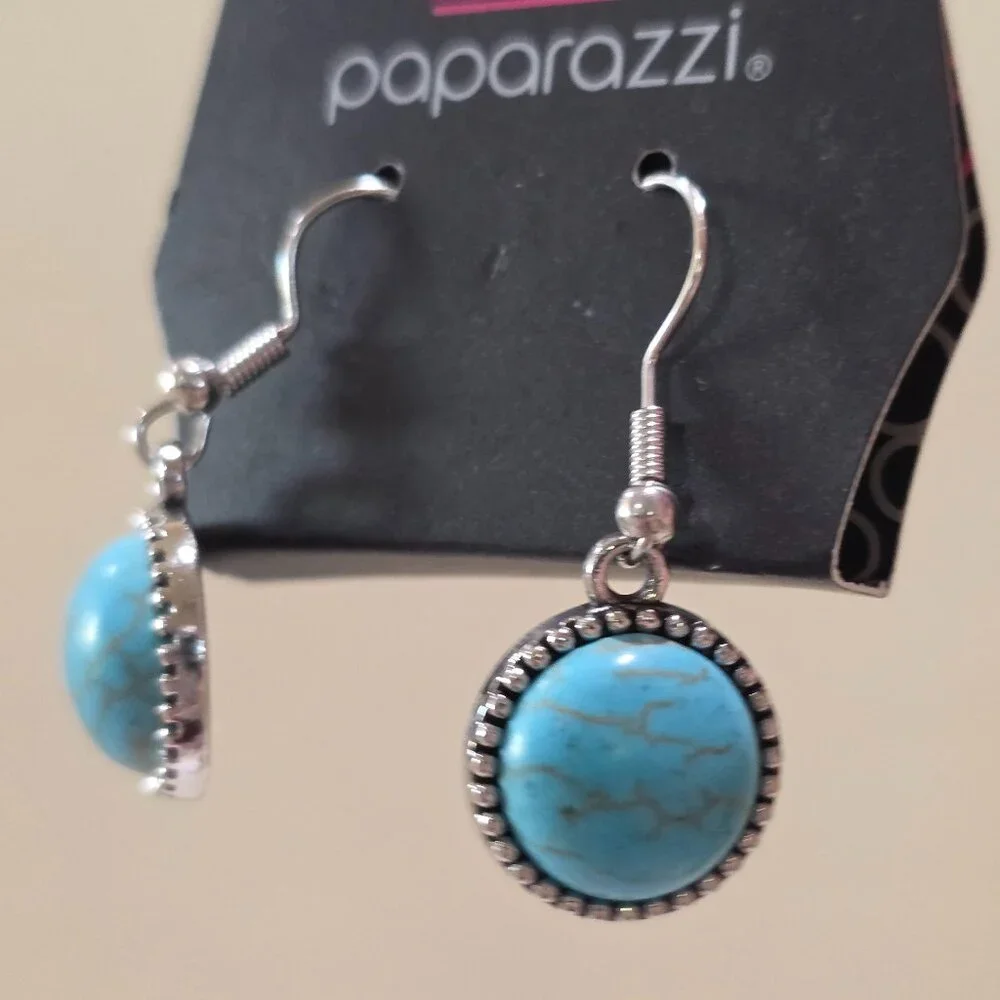 NOC Paparazzi Blue Marbled Round SW Style Silver Dangle Pierced Earrings NOS